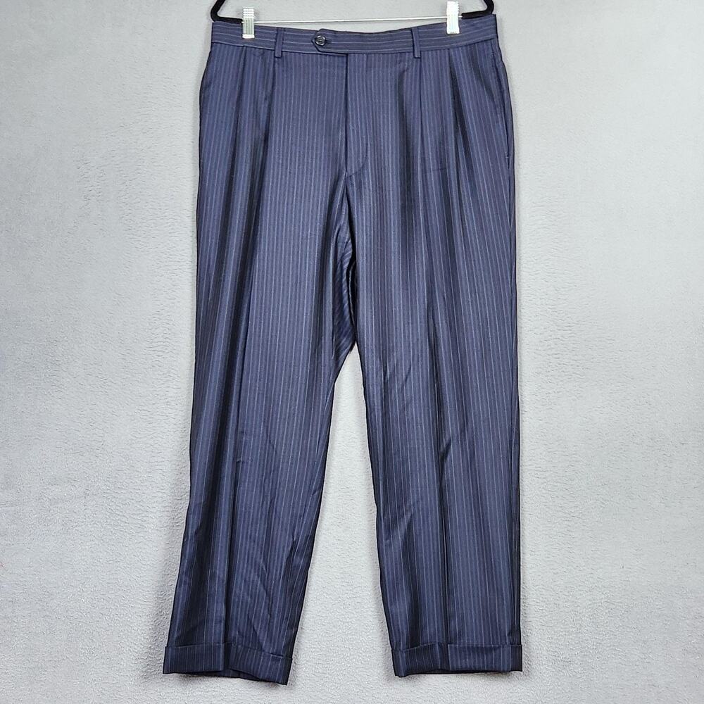 Jos A Bank Pants Mens 36x29 Blue Wool Pinstripe Pleated Cuffed Office Wedding